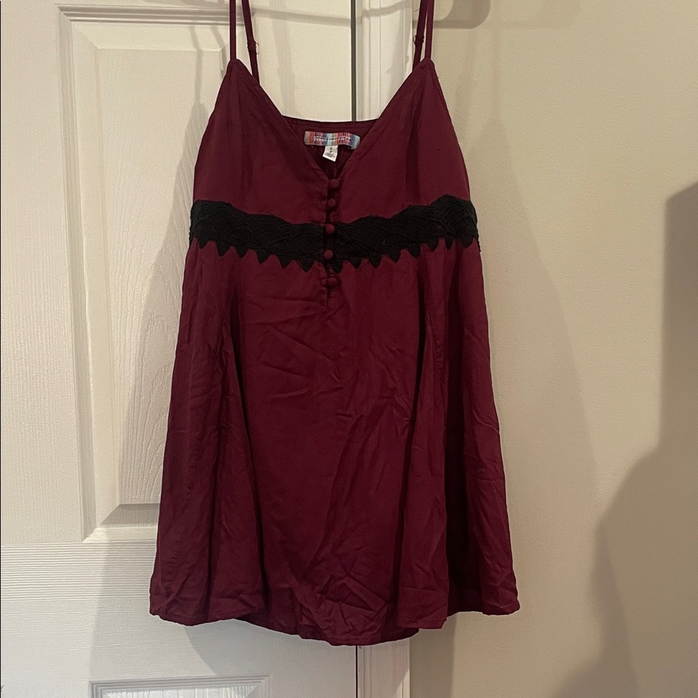 Urban Outfitters Maroon Spaghetti Strap Dress with Black Lace Trim- Size Small